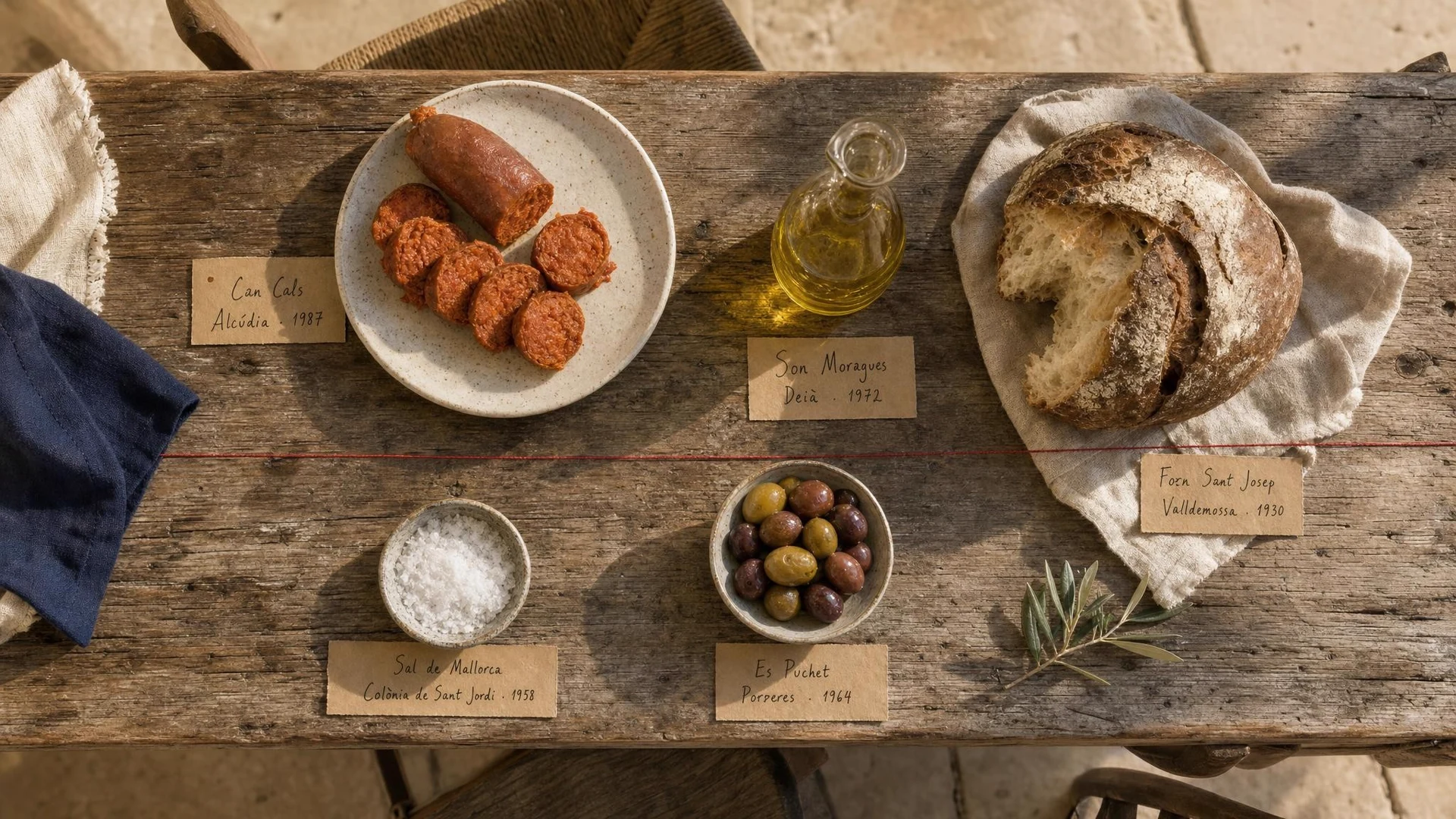 Mesa mediterránea con sobrasada, pan, aceitunas y aceite de oliva